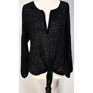 Language Silk Embroidered Blouse Top Long Sleeve Boho Geometric Flowy